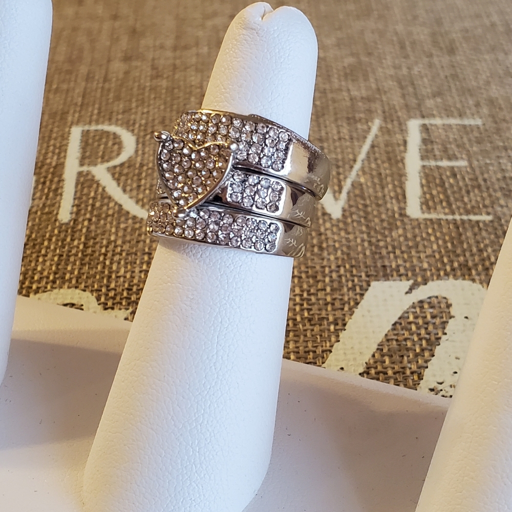 Stackable Silver Rhinestone Heart Trio Ring Set - Picture 14 of 16